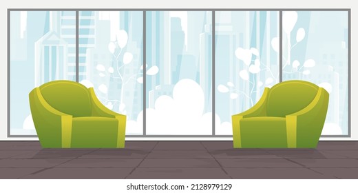 A room with upholstered furniture and a large panoramic window. Vector illustration.