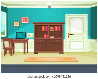 room vector with accessories: laptop, chair, table, paintings, carpet
