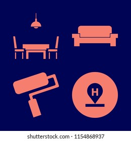 room vector icons set. with hotel location, paint roller, sofa and dining room in set