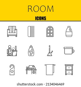 conjunto de iconos de línea vectorial de sala. sofá, peine e iconos de la puerta. Diseño delgado de línea. Elementos gráficos de contorno modernos, símbolos de trazo simple ilustración de fondo