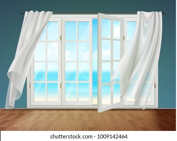 Room with view on sea from open window and fluttering curtains hanging on cornice 3d vector illustration