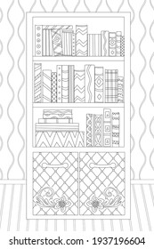 room with a vintage bookcase against wallpaper for your coloring book