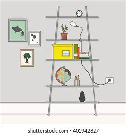 room wall. Shelves with objects. Pictures on the wallI.Interior of a living room. Modern flat design. Flat design interior