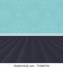 Room with wallpaper on wall, dark wooden floor with planks. Interior of room, 3D illustration with perspective. Background for your design.