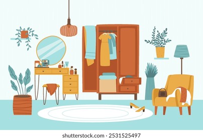 Quarto com guarda-roupa, mesa de vestir e cadeira para escolher roupa e maquiagem. Bagunça na sala de prova. Mesa de vaidade com cosméticos. Ilustração de vetor plano.