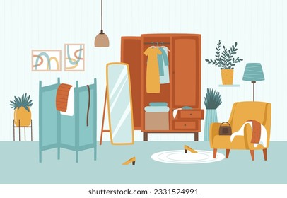 A room with a wardrobe, a mirror and an armchair for choosing an outfit. A mess in the dressing room. Flat vector illustration.