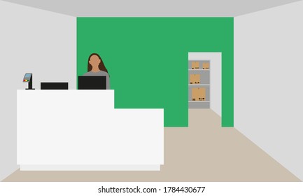 Room with a warehouse with boxes, a payment terminal and an employee