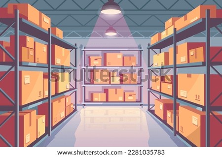 Room in warehouse concept. Large room with parcels and cardboard boxes on shelves under lamps. Logistics and transportation. Storage or archive at factory. Cartoon flat vector illustration