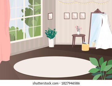 Espacio para la preparación de bodas de color plano ilustración vectorial. Prepárense para la ceremonia. Habitación para la novia antes de la recepción. Ropa de casamiento. Salón 2D decoración de dibujos animados con decoración de fondo