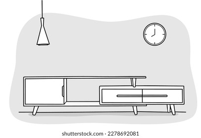 Room with white empty TV shelf, ceiling lamp and wall clock, furniture interior Minimal style. Vector illustration Flat design element for website or app, graphic, logo, social media, mobile app, ui.
