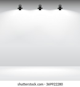 Room with white empty wall and spotlight. Vector illustration of gallery interior template.