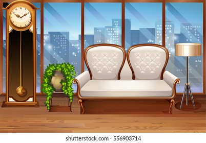 Habitación con sofá blanco e ilustración de reloj vintage