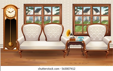 Habitación con sofá blanco e ilustración de reloj vintage