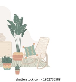 Room with a wicker rocking chair, carpet,picture and a potted houseplant.Vector illustration cozy home concept.Living room interior in flat style.