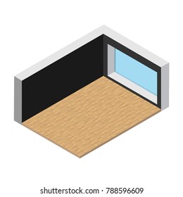 Room with window black walls isometric flat design. Vector illustration.