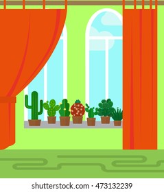 Room with window and cactus flat style vector illustration