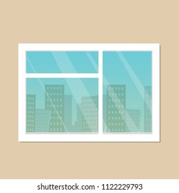 Room window city skyline view. Window framed concept with urban buildings view. Cartoon style