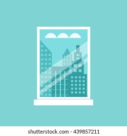 Room window flat illustration. Vector cityscape  window framed illustration. Concept of urban buildings view. Colorful cityscape window for your design. Flat cartoon urban buildings view isolated. 