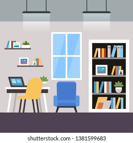 Room with Window Interior Coworking Cartoon Flat. Noworking Locations Differ and Adapted for Business Tasks. Dedicated Quiet Area where no One Even Talks on Phone. Vector Illustration.