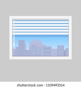 Room window with jalousie  and city skyline view. Window framed concept with urban buildings view.