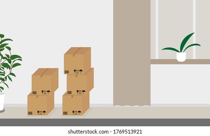 Room with window, plants and closed cardboard boxes