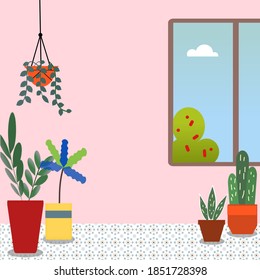 A room with window and plants on the pot inside. Flat design illustration 