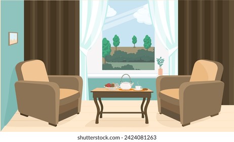 A room with a window. The view from the window of the room to the trees, bushes and clouds. Living room with two armchairs and a table. There is a teapot, a mug and sweets on the table.