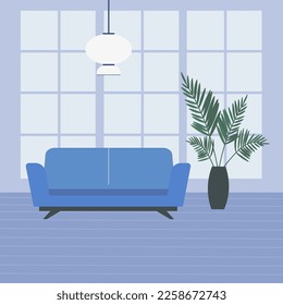 A room without people.Copy space template.Modern living space without people. Interior with large windows. Flat vector illustration. Room with sofa, lamp, potted plant, window. illustration for design