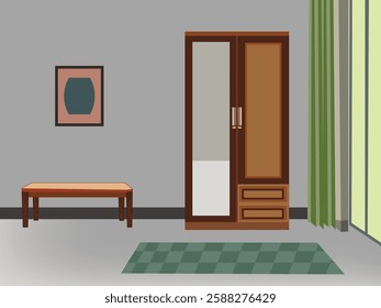 A room with a wooden dresser and a mirror. The room is empty and has a simple, minimalistic design