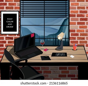 A room with a work desk. Vector stock illustration. Realistic style. Pencils and notepads. Computer chair and laptop. Window overlooking the mountains.