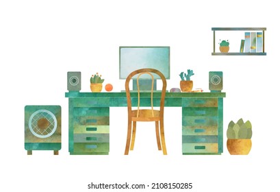 room working place; education, work remotely, watercolor isolation vector illustration background