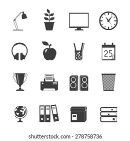 Room workspace black flat icons set with globe lamp books isolated vector illustration