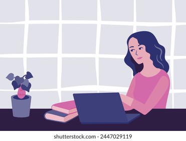 A room with a young woman using a laptop