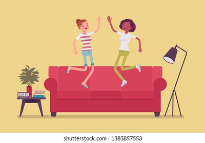 Roommate friends enjoy living together. Happy young girls occupying same flat, house or room, students share rented apartment, jumping on a coach in hostel, comfortable lodging. Vector illustration