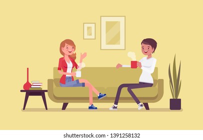 Roommate Friends Enjoy Living Together. Happy Young Girls Occupying One Flat, House, Room, Students Share Rented Apartment, Relax Sitting On A Coach In Hostel, Comfortable Lodging. Vector Illustration