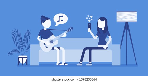 Roommate Friends Streaming. Young Girls Playing Guitar, Singing, Listening To Music Or Watching In Real Time, Show, Enjoy Internet Videos And Of Live Events. Vector Illustration, Faceless Character