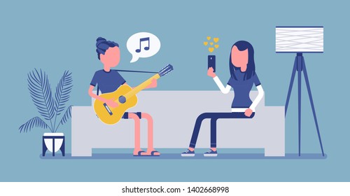 Roommate Friends Streaming. Young Girls Playing Guitar, Singing, Listening To Music Or Watching In Real Time, Show, Enjoy Internet Videos And Of Live Events. Vector Illustration, Faceless Character