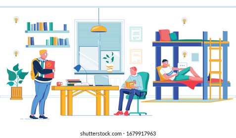 Roommate Preparing for Tomorrow Class in Spacious Homelike Room with Twin Bunk Bed in Students Dormitory. Boy with Backpack and Book. His Mate by Desk with Laptop. Student with Phone on Bed.