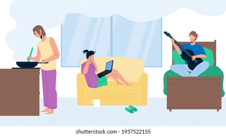 Roommate Problem In Student Hostel Room Vector. Girl Sitting On Sofa With Laptop And Cover Ears Because Boy Playing On Guitar, Lady Prepare Dish, Roommate Problem. Characters Flat Cartoon Illustration