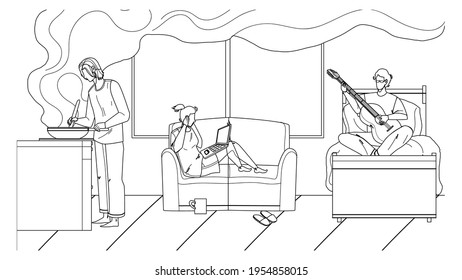 Roommate Problem In Student Hostel Room Black Line Pencil Drawing Vector. Girl Sitting On Sofa With Laptop And Cover Ears Because Boy Playing On Guitar, Lady Prepare Dish, Roommate Problem. 