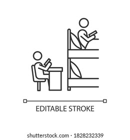 Roommates pixel perfect linear icon. Flatmates studying in dormitory room. Students sharing room. Thin line customizable illustration. Contour symbol. Vector isolated outline drawing. Editable stroke