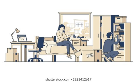 Roommates unpacking on a bed and arranging a bookshelf in a dorm room with a campus view, in beige and navy duotone flat vector illustration ideal for student housing content.
