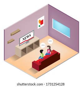 Roommates Watching News in Television at Home in Isometric 3D Vector Illustration