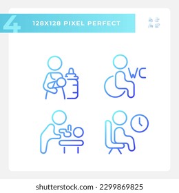 Rooms for baby care and rest pixel perfect gradient linear vector icons set. WC for disabled visitors. Place to rest. Thin line contour symbol designs bundle. Isolated outline illustrations collection