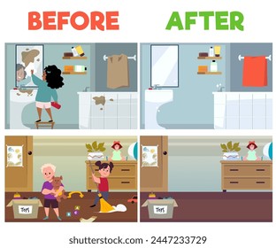 Rooms before and after children's cleaning flat style, vector illustration isolated on white background. Kid washing mirror and bathroom, smiling boy and girl collect toys and sweep svg