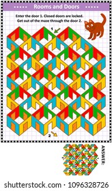 Rooms and doors colorful maze game: Help the red cat. Enter the door 1. Get out of the maze through the door 2. Answer included.