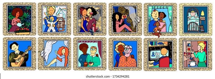 The rooms are home to many ethnic and age groups looking out the windows. Couples or families celebrate, work, socialize and spend time together in the apartment. Community life in the building.Vector