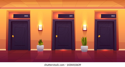 Rooms In Hotel Corridor, Empty Luxury Hotel Hallway Interior With Closed Numbered Doors, Shining Wall Lamps, Potted Plants And Tiled Floor, Motel Or Hostel Hall Background, Cartoon Vector Illustration