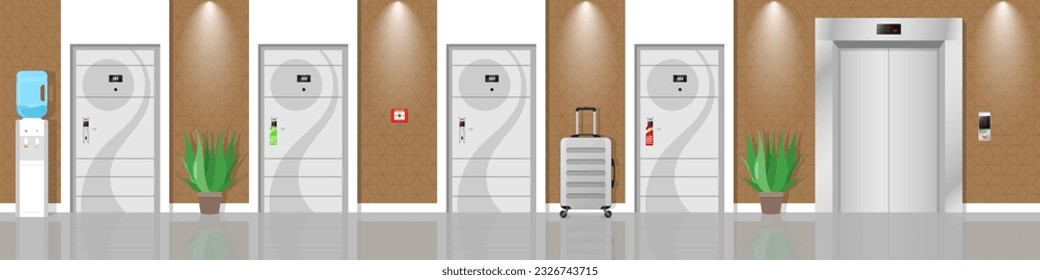 Rooms in hotel corridor, empty luxury hotel hallway interior with closed numbered doors potted plants motel or hostel hall background vector illustration