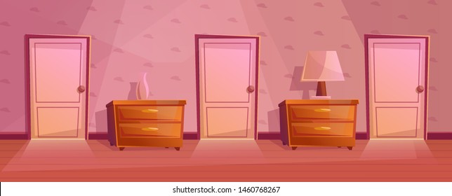 Rooms in hotel corridor. Hallway with doors, nightstand with lamp and vase. Cartoon interior.